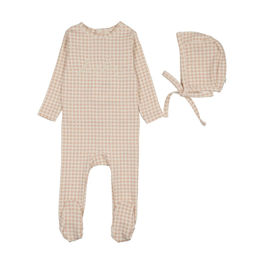 footie gingham bebe with bonnet - pale pink