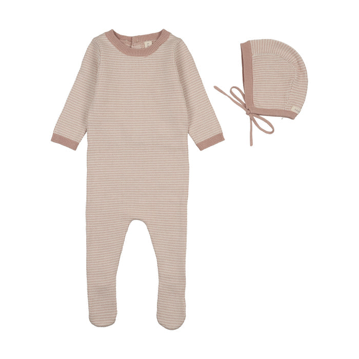 footie knit two tone with hat - dusty pink