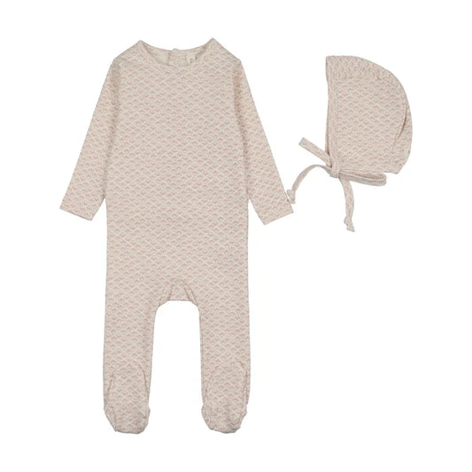 footie mini flora with bonnet - cream/mauve