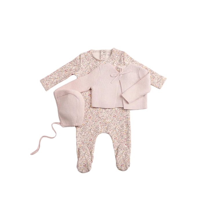 footie petites fleurs with cardigan and beanie - hushed pink