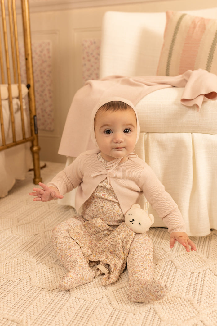 footie petites fleurs with cardigan and beanie - hushed pink