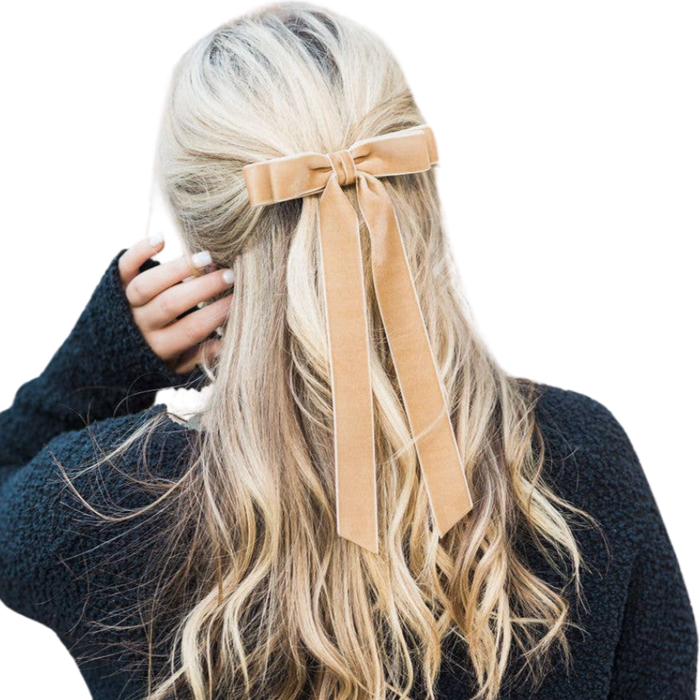 gingerbread velvet bow, long velvet hair bow, Alice bow barrette, Grace & Grandeur bow, stacked velvet bow, luxe hair accessory, French barrette bow, holiday hair bow, girls velvet bow clip, soft velvet ribbon bow