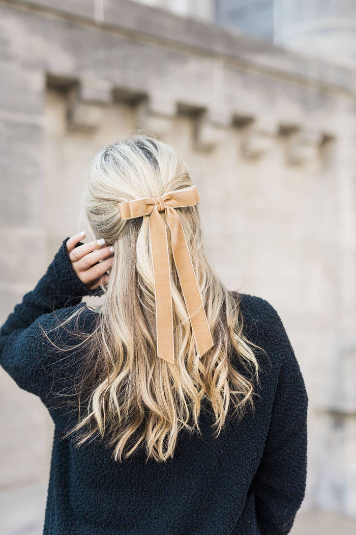 gingerbread velvet bow, long velvet hair bow, Alice bow barrette, Grace & Grandeur bow, stacked velvet bow, luxe hair accessory, French barrette bow, holiday hair bow, girls velvet bow clip, soft velvet ribbon bow