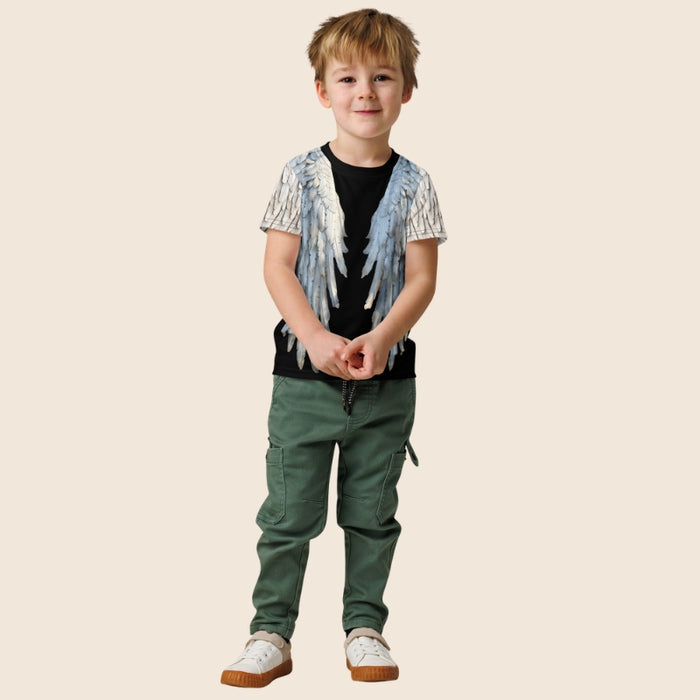 Grey & Black Angel Wings Unisex Kids T-Shirt — Cotton Blend Tee