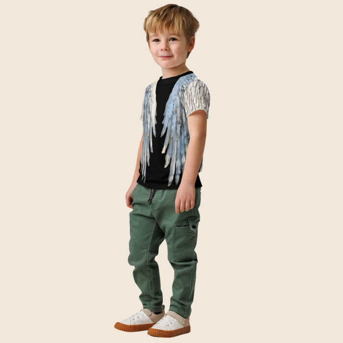 Grey & Black Angel Wings Unisex Kids T-Shirt — Cotton Blend Tee