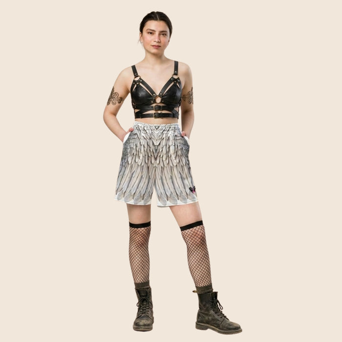 Grey Feather Print All-Over Print Unisex Mesh Shorts — Eco-Friendly Festival & Activewear
