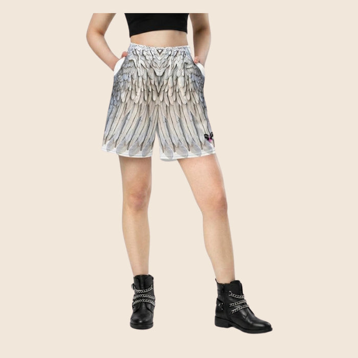 Grey Feather Print All-Over Print Unisex Mesh Shorts — Eco-Friendly Festival & Activewear
