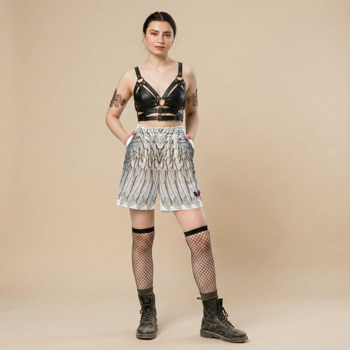 Grey Feather Print All-Over Print Unisex Mesh Shorts — Eco-Friendly Festival & Activewear
