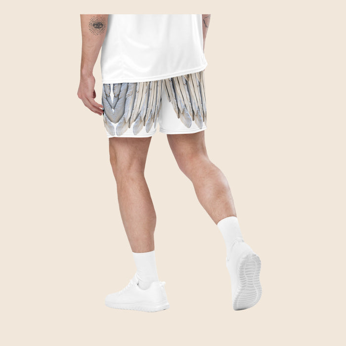 Grey Feather Print All-Over Print Unisex Mesh Shorts — Eco-Friendly Festival & Activewear