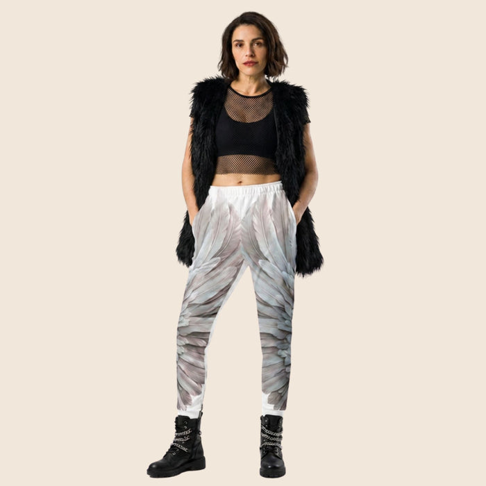 Grey & White Wings Print Women's Recycled Joggers — Festival Clothing