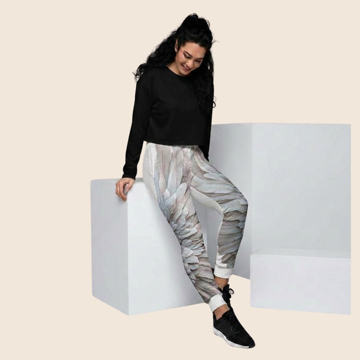 Grey & White Wings Print Women's Recycled Joggers — Festival Clothing