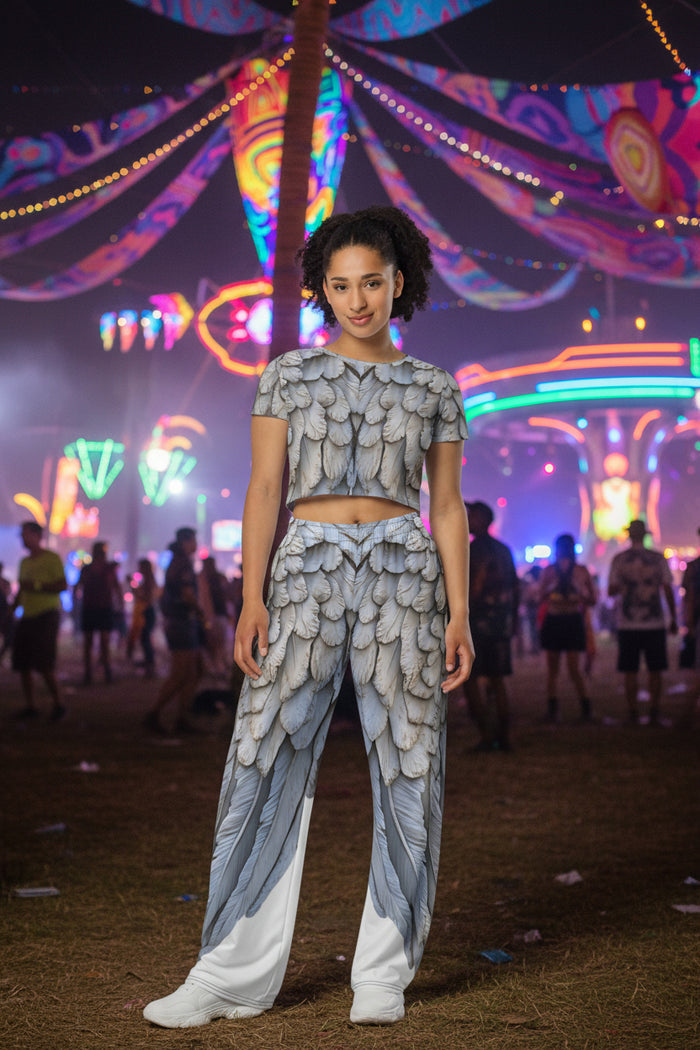 Grey Wings Print Unisex Wide Leg Pants — All-Over Print Festival & Lounge Wear