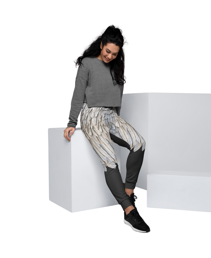 Half Leg Grey Wings Print Women's Recycled Joggers — Festival Wear