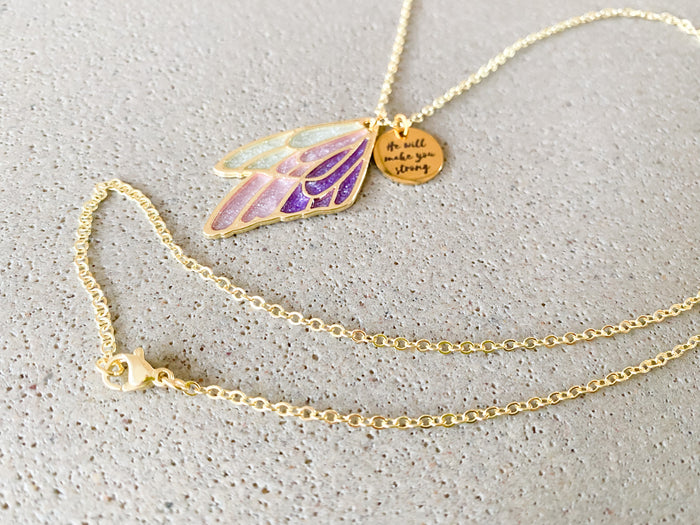 He Will Make You Strong Butterfly Wing Gold Necklace - GINGERS