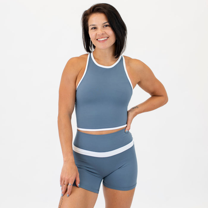 Slate Blue & White High Neck Racerback Crop Tank - Fitted