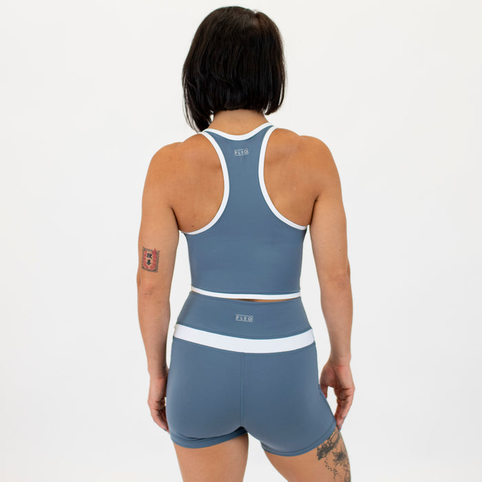 Slate Blue & White High Neck Racerback Crop Tank - Fitted