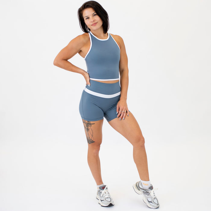 Slate Blue & White High Neck Racerback Crop Tank - Fitted