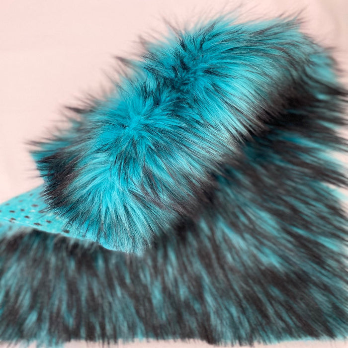 Turquoise Blue Black Husky Print Long Pile Shaggy Faux Fur Fabric - Fashion Fabrics LLC