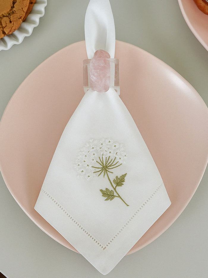 Hydrangea or Lavender Embroidered Cotton Dinner Napkins — napkin embroidery, hemstitch and table styling