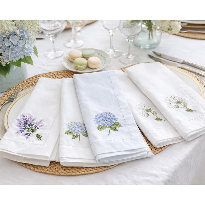 Hydrangea or Lavender Embroidered Cotton Dinner Napkins — napkin embroidery, hemstitch and table styling