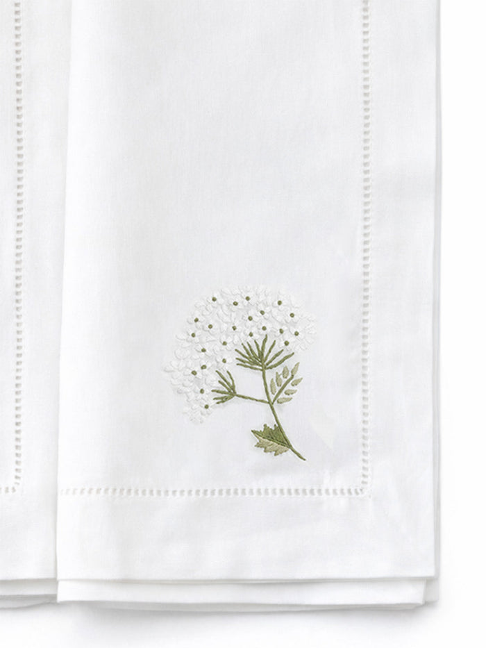 Hydrangea or Lavender Embroidered Cotton Dinner Napkins — napkin embroidery, hemstitch and table styling