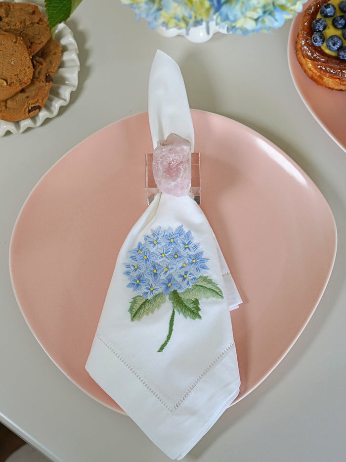 Hydrangea or Lavender Embroidered Cotton Dinner Napkins — napkin embroidery, hemstitch and table styling
