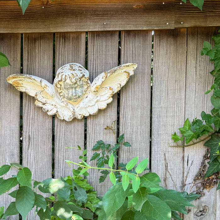 gold angel wall decor, indoor outdoor decorative angel, weather resistant garden wall art, angel sculpture for patio, gold metal wall decor, durable outdoor angel decoration, angel wall hanging for garden, timeless gold wall ornament, elegant angel statue, French country wall accent