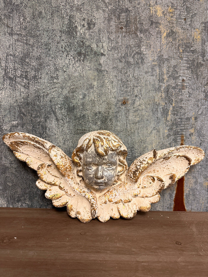 gold angel wall decor, indoor outdoor decorative angel, weather resistant garden wall art, angel sculpture for patio, gold metal wall decor, durable outdoor angel decoration, angel wall hanging for garden, timeless gold wall ornament, elegant angel statue, French country wall accent