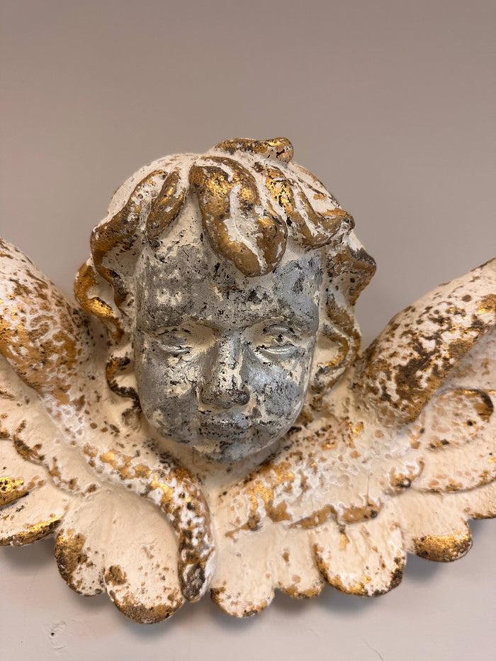 gold angel wall decor, indoor outdoor decorative angel, weather resistant garden wall art, angel sculpture for patio, gold metal wall decor, durable outdoor angel decoration, angel wall hanging for garden, timeless gold wall ornament, elegant angel statue, French country wall accent