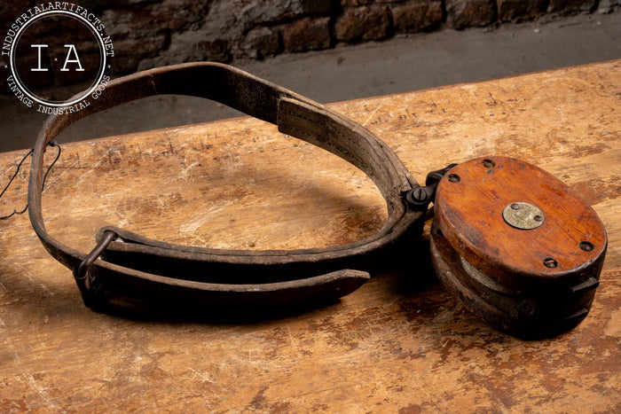 Industrial Antique Pulley With Leather Strap