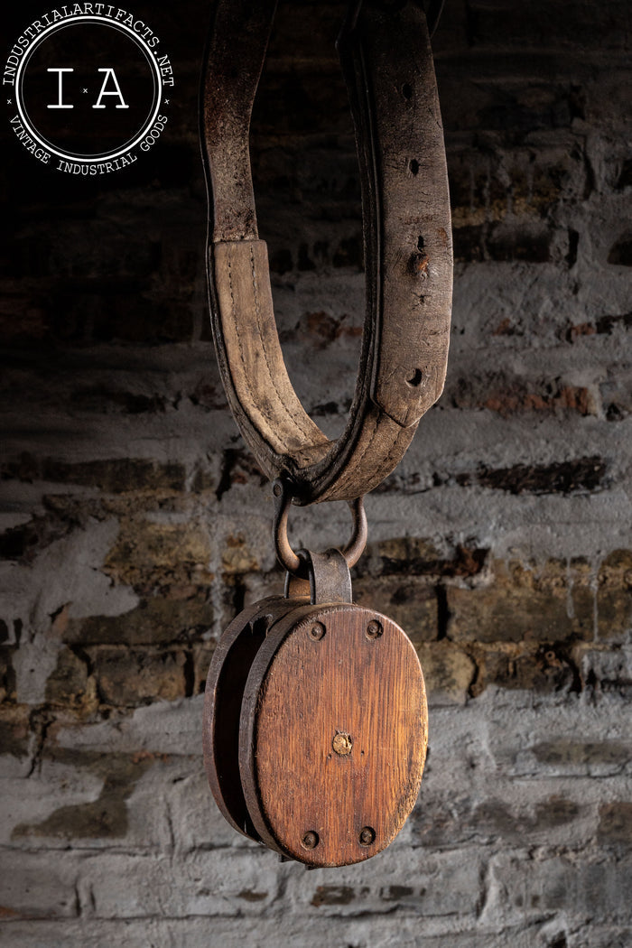 Industrial Antique Pulley With Leather Strap