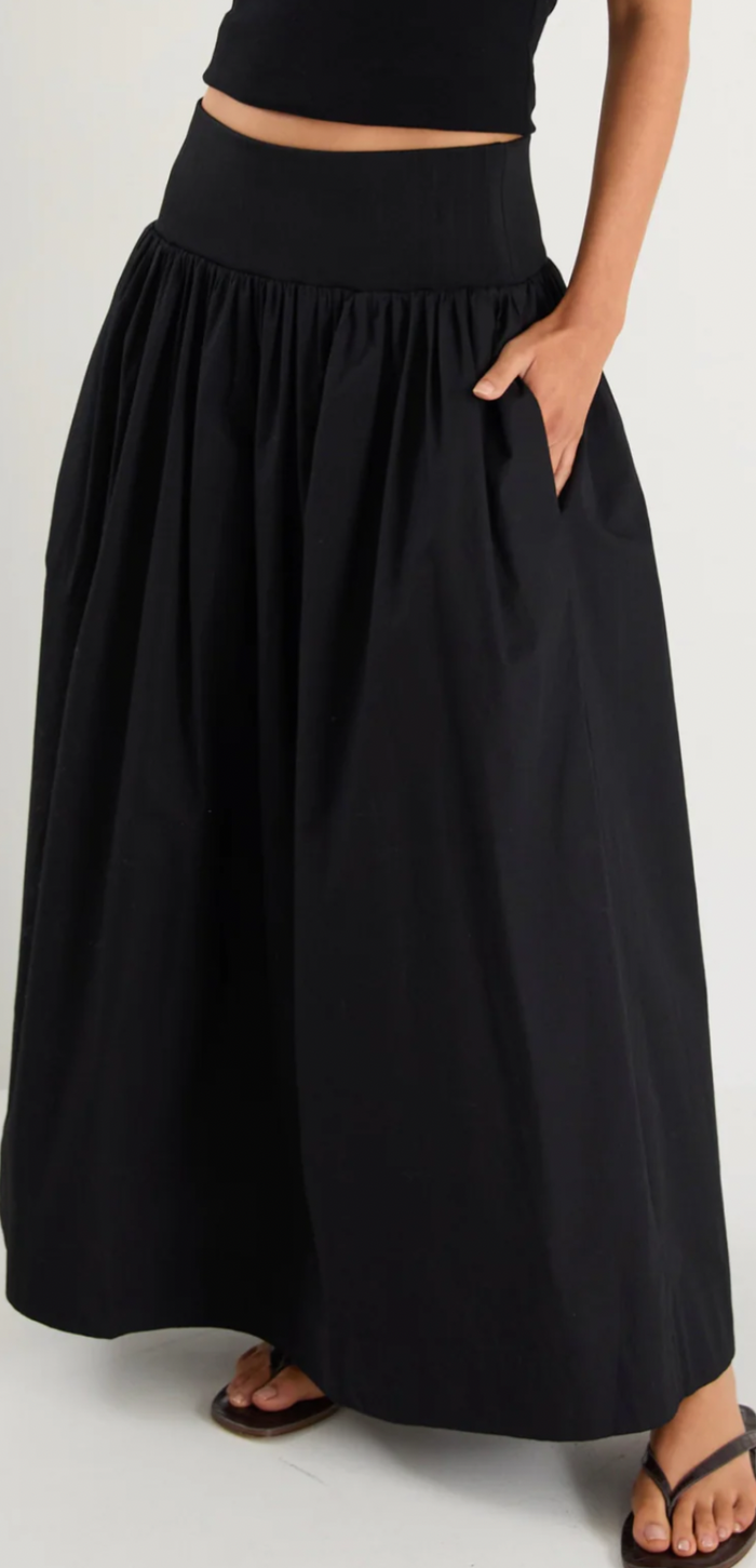 IVY AND JACK - Tallow Black Poplin Rib Waist Maxi Skirt