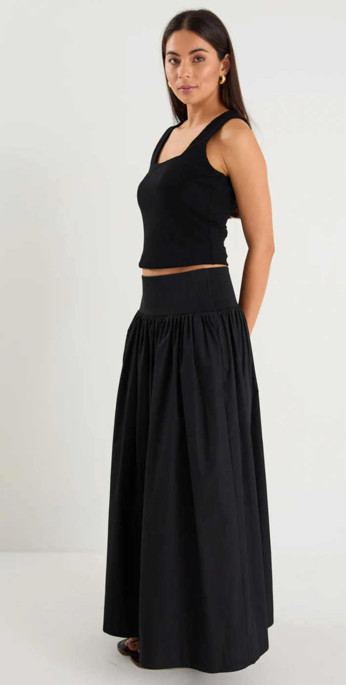 IVY AND JACK - Tallow Black Poplin Rib Waist Maxi Skirt