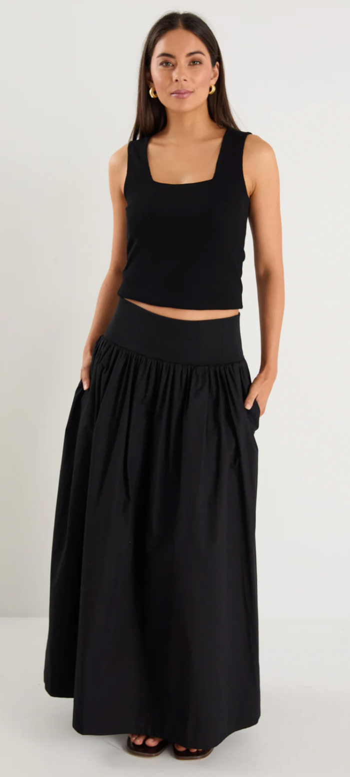 IVY AND JACK - Tallow Black Poplin Rib Waist Maxi Skirt