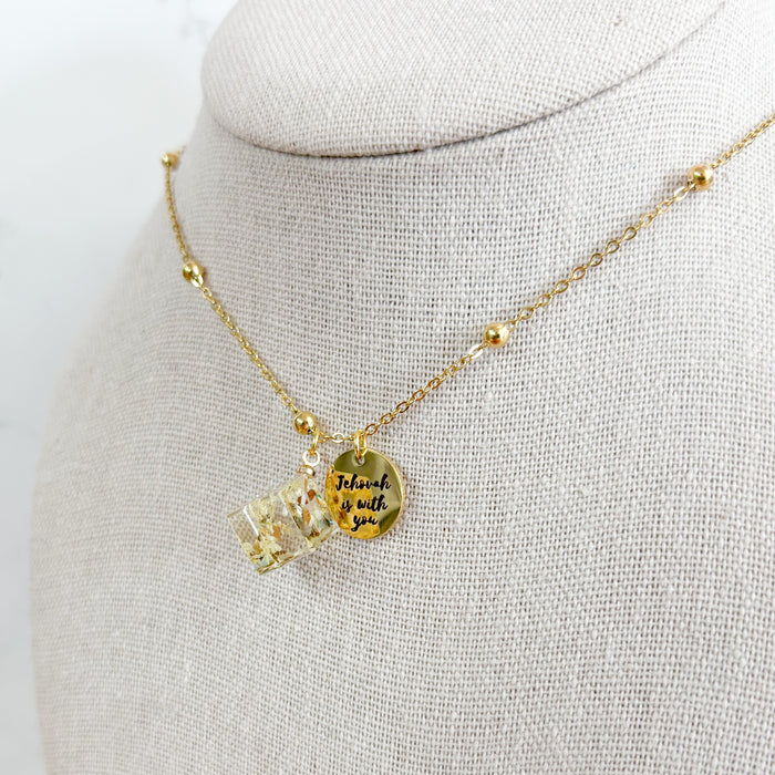 Jehovah is With You Gold Necklace - White Flower