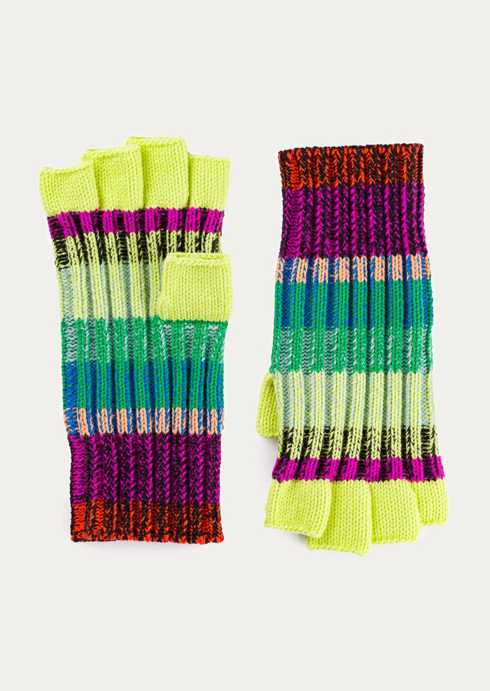 Colorful striped fingerless gloves on a white background