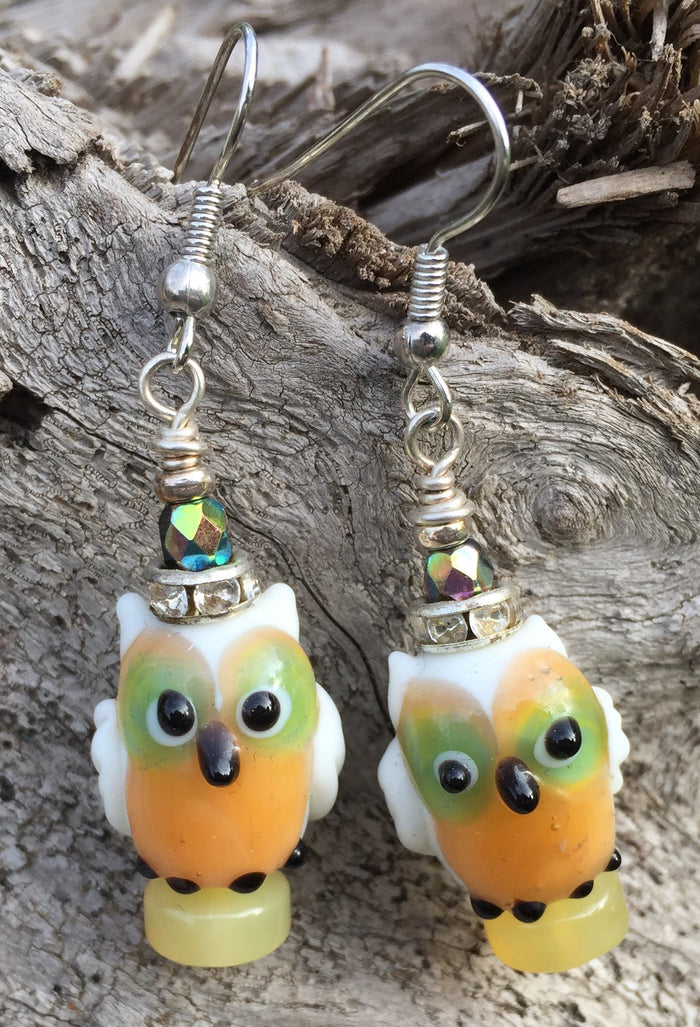 Lampwork Glass Earrings - White, Peach, Olive Owls