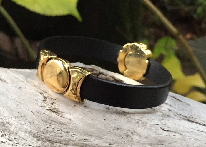 Leather Bracelet - Black with Hammered Gold Components