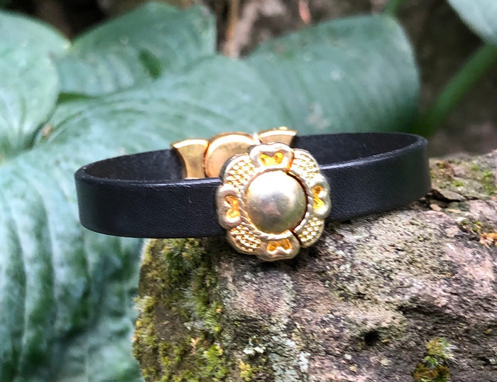 Leather Bracelet - Black with Hammered Gold Components