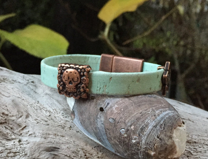 Leather Bracelet - Portuguese Cork - Mint with Copper Sugar Skull