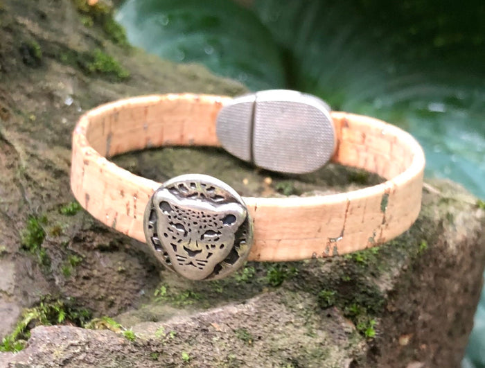 Leather Bracelet - Portuguese Cork Bracelet - Cheetah  with Silver Flecks