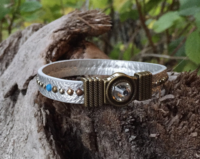 Leather Bracelet - Silver Studded with Crystal Clasp
