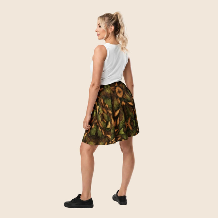 Leaves Print Skater Skirt | Browns & Greens | Recycled Fabric | Mid-Thigh Length