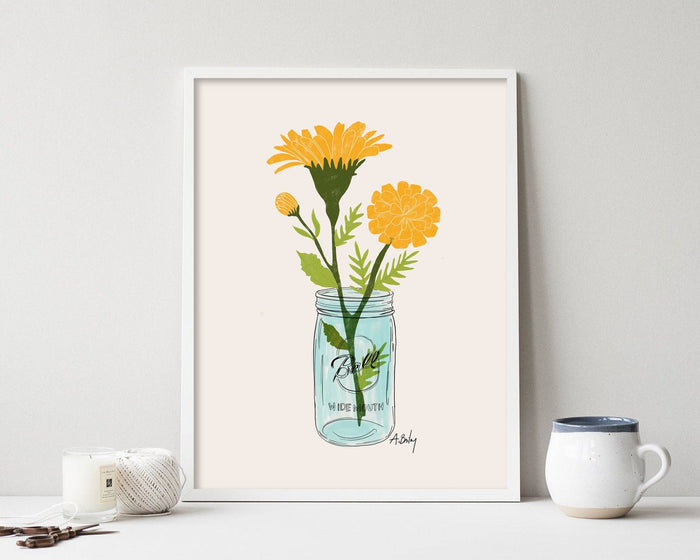 Mason Jar Marigolds - floral illustration prints