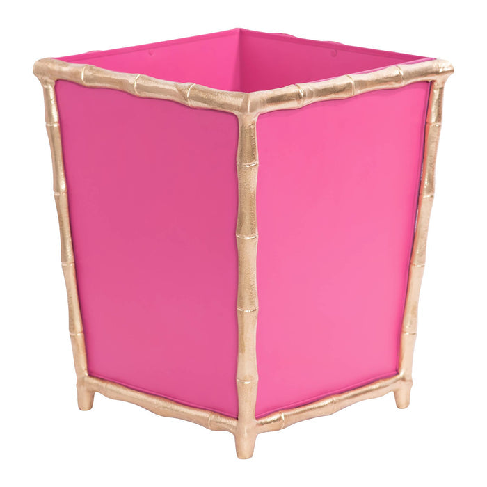 pink metal wastebasket, hand-painted square bin, stylish trash can, compact pink waste bin, Mattie wastebasket, decorative waste bin for home, bathroom trash bin pink, pink office wastebasket, open top metal bin, painted square trash can