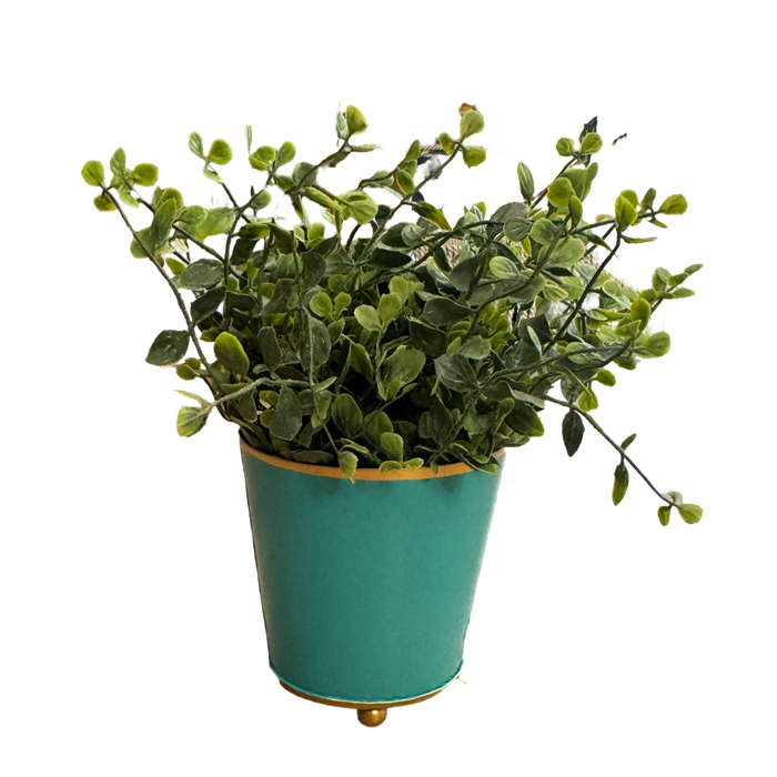 turquoise metal cachepot, 4 inch round planter, Mattie turquoise planter, small metal flower pot, colorful indoor cachepot, chic storage container, utensil holder planter, durable decorative planter, metal herb pot, pop of color home accent