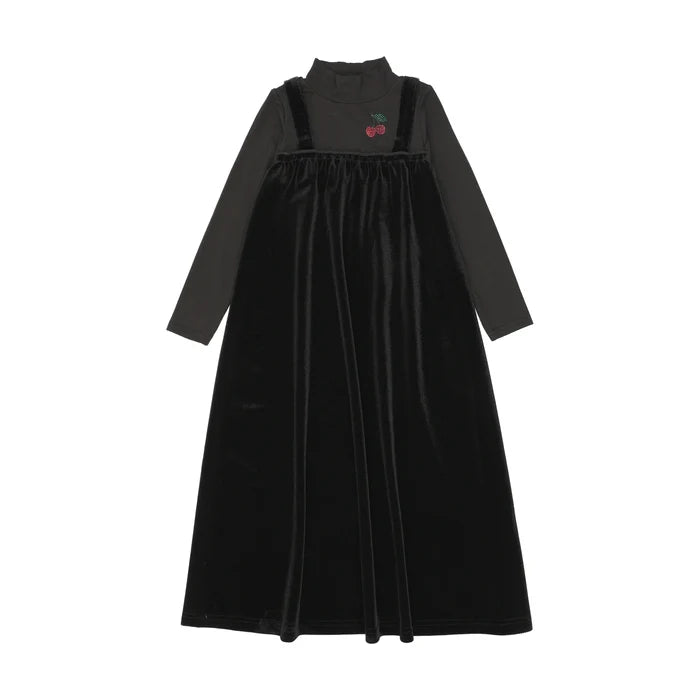 maxi dress cherry mockneck with attached velour jumper - black
