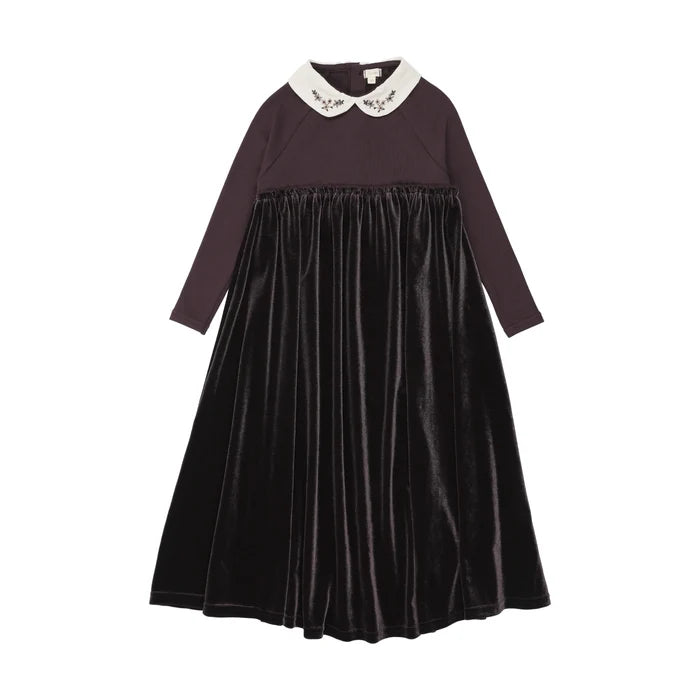 maxi dress embroidered collar velour - eggplant