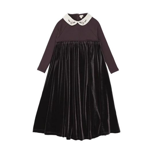 maxi dress embroidered collar velour - eggplant