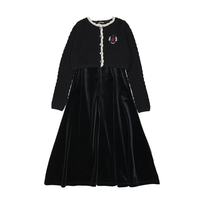 maxi dress velour jumper with crest knit cardigan - navy